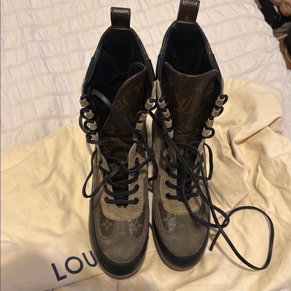 Louis Vuitton Brown and Black Combat Boots with Rugged Design